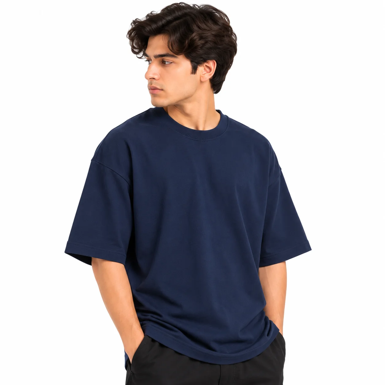 Navy Blue Oversized Drop Shoulder T-Shirt - Image 3