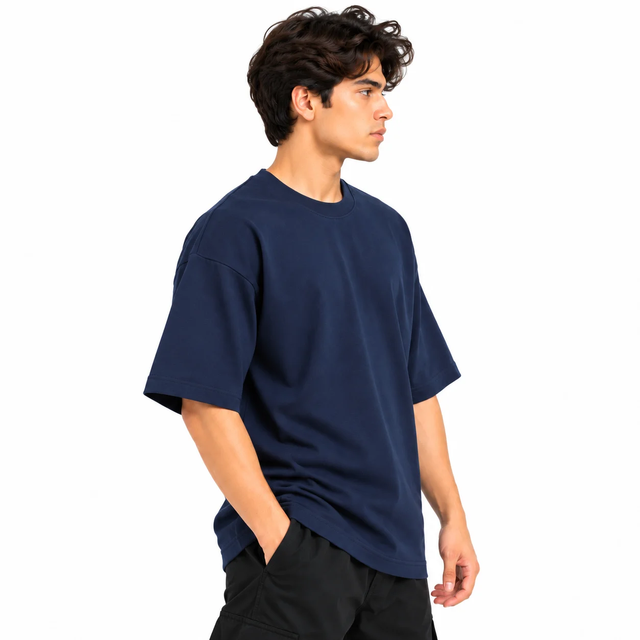 Navy Blue Oversized Drop Shoulder T-Shirt - Image 4